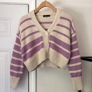 NWOT DELUC off white lavender lilac striped chunky boxy cropped cardigan sweater